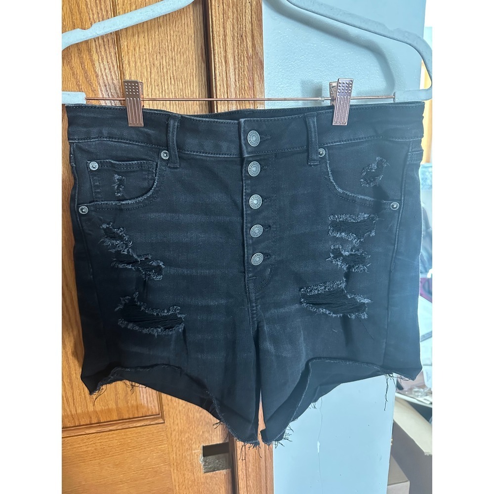 American Eagle Black Distressed High Waisted Button Fly Denim Shorts Womens 12 - Picture 3 of 9